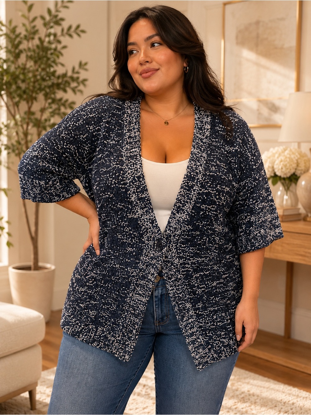 CJ Banks Navy and White Marled Open Cardigan